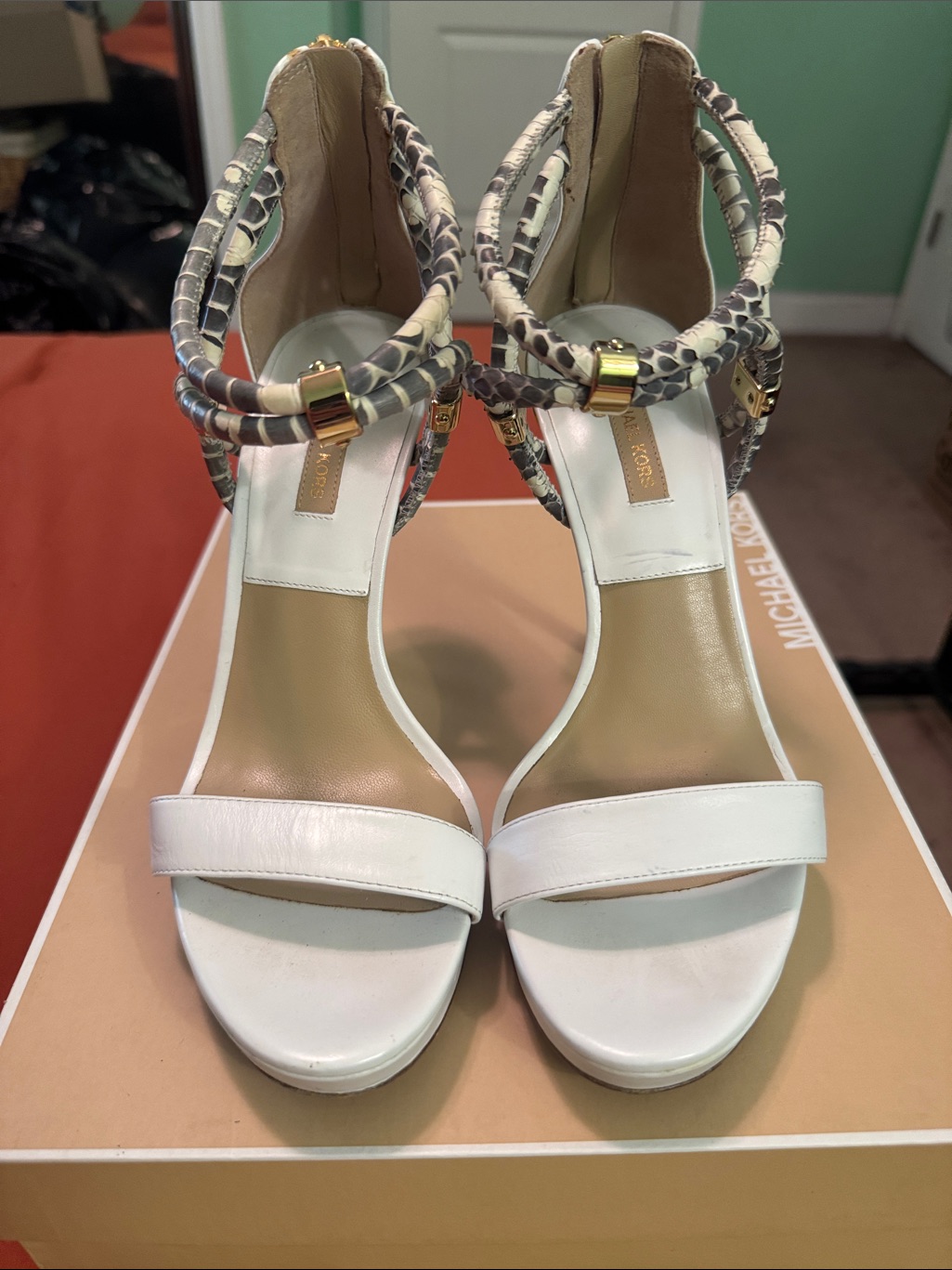 Michael Kors White Leather Heeled Sandals With Snake-Print Ankle Wrap